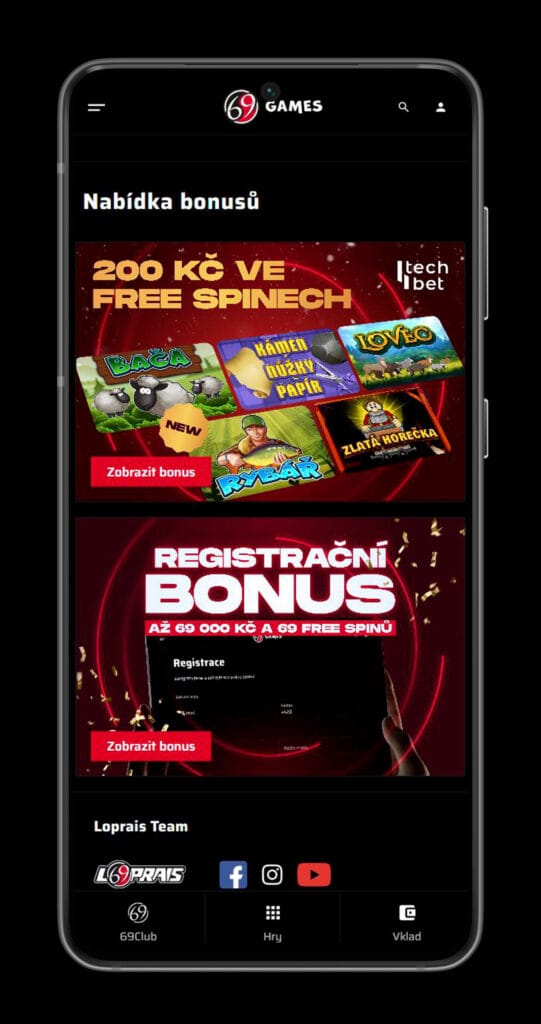 Bonusy v mobilní aplikaci kasina 69games
